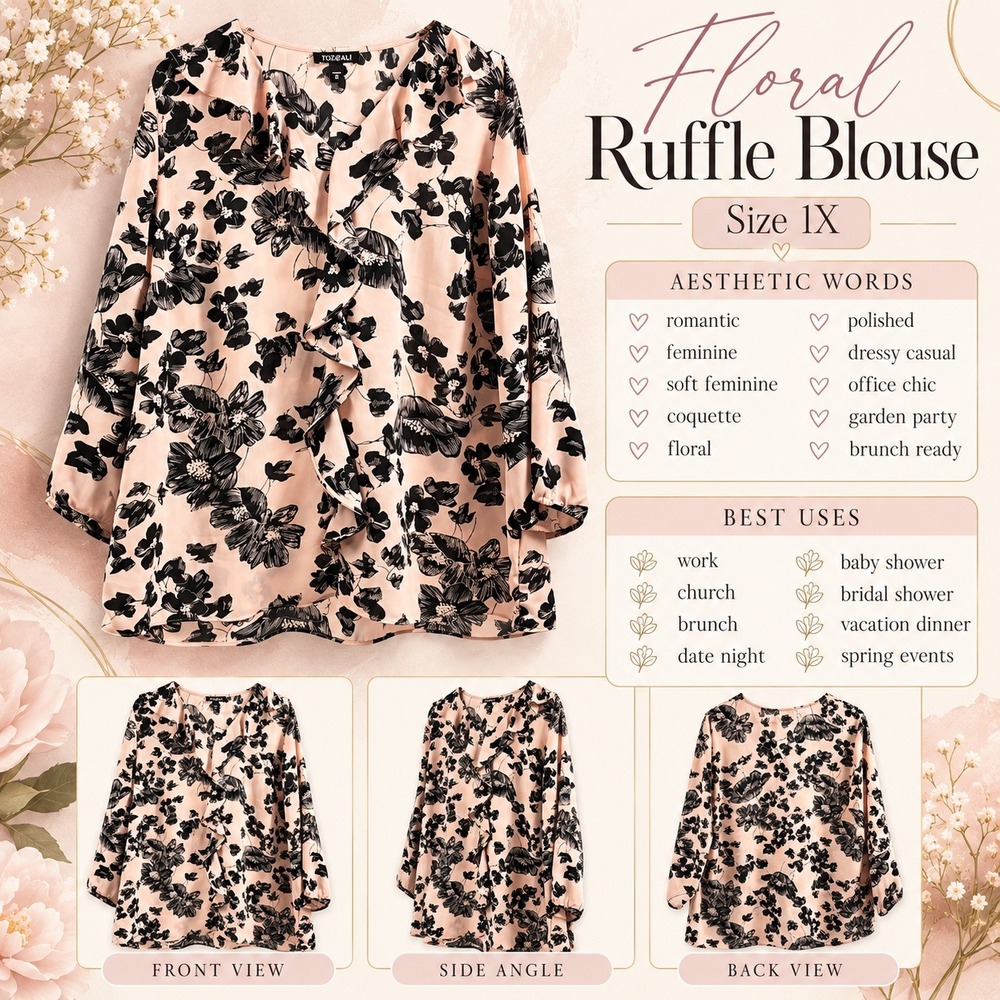 Roz & Ali Blush Pink Black Floral Ruffle V-Neck Blouse Plus Size 1X 3/4 Sleeve